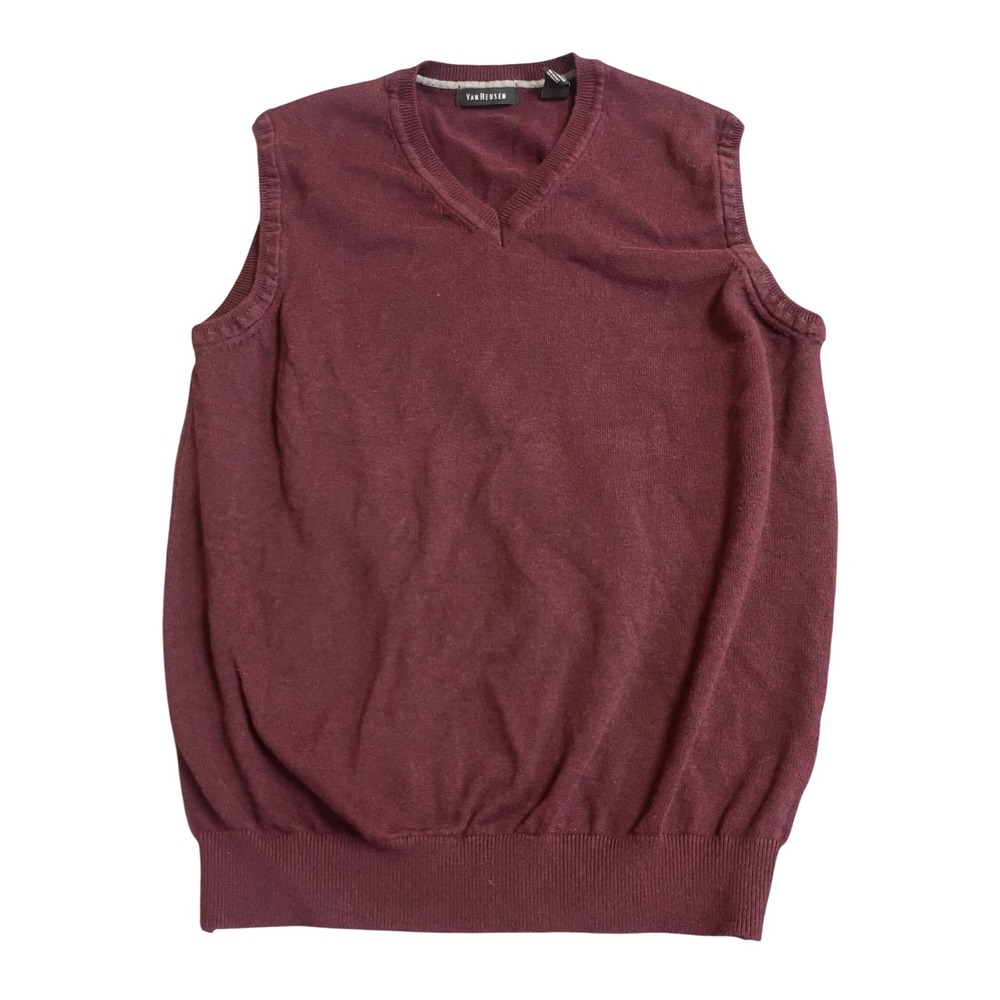 Van Heusen Sweater Vest Mens Small Burgundy V-Neck Cotton Blend Knit